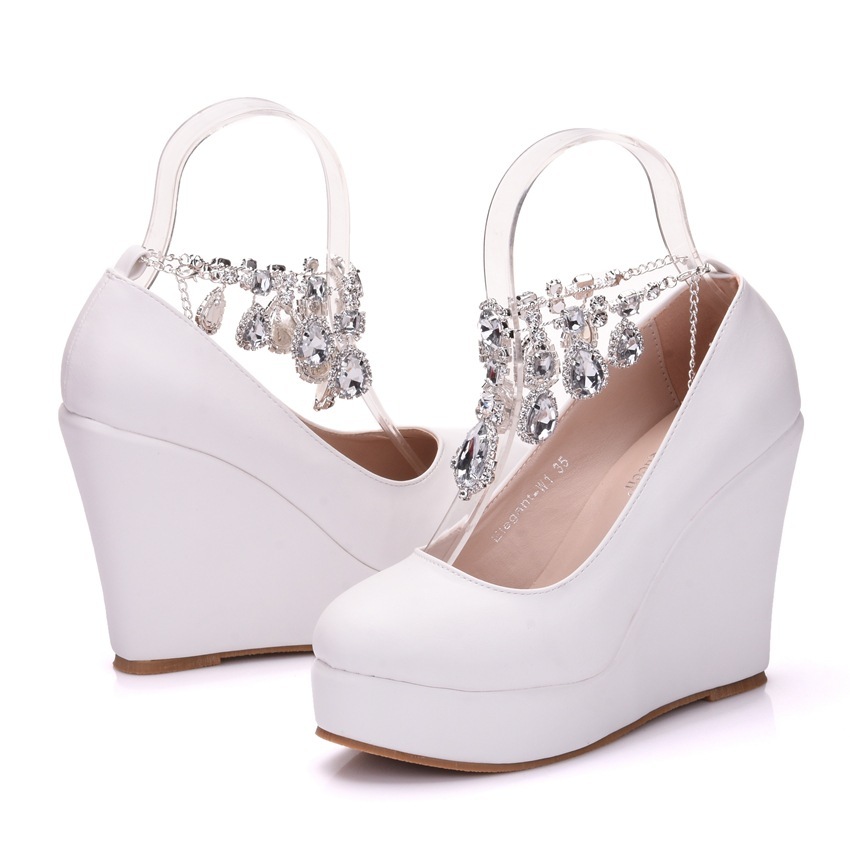 Wedge Rhinestone Chain Wedding Round Toe Waterproof Platform Wedge Shoes - Image 4