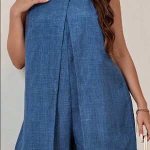 Plus Size Solid Color Sleeveless Jumpsuit With Round Neck For Summer