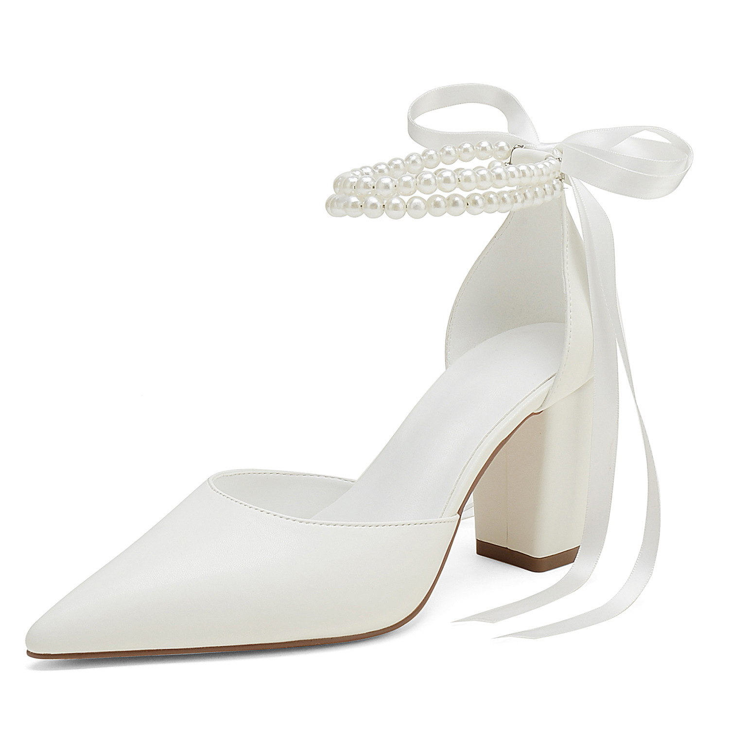 New Spring And Summer Wedding Pointed Women's Chunky Heel Pearl Ribbon Plus Size Shoes - Image 3