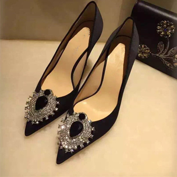 Rhinestone Pointed Toe High Heels Wedding Red Silk And Satin Shallow Mouth Women's Shoes - Image 10