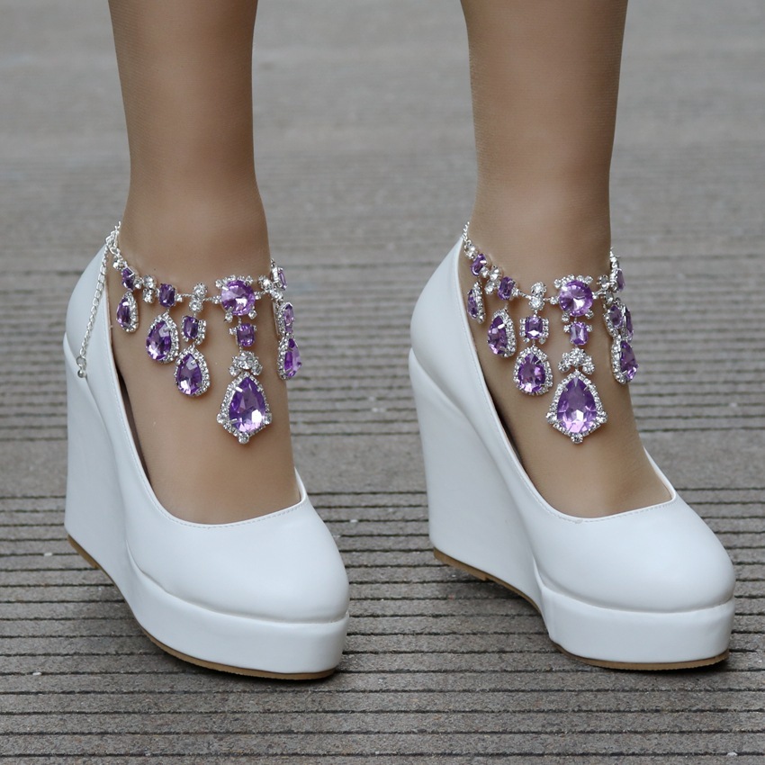 Wedge Rhinestone Chain Wedding Round Toe Waterproof Platform Wedge Shoes - Image 9