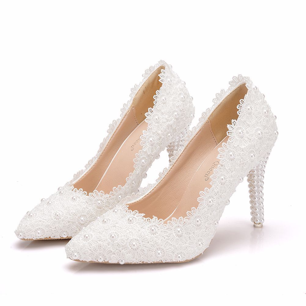 Pearl Lace Large Size Wedding Shoes Stiletto Single Shoes Women - Image 4