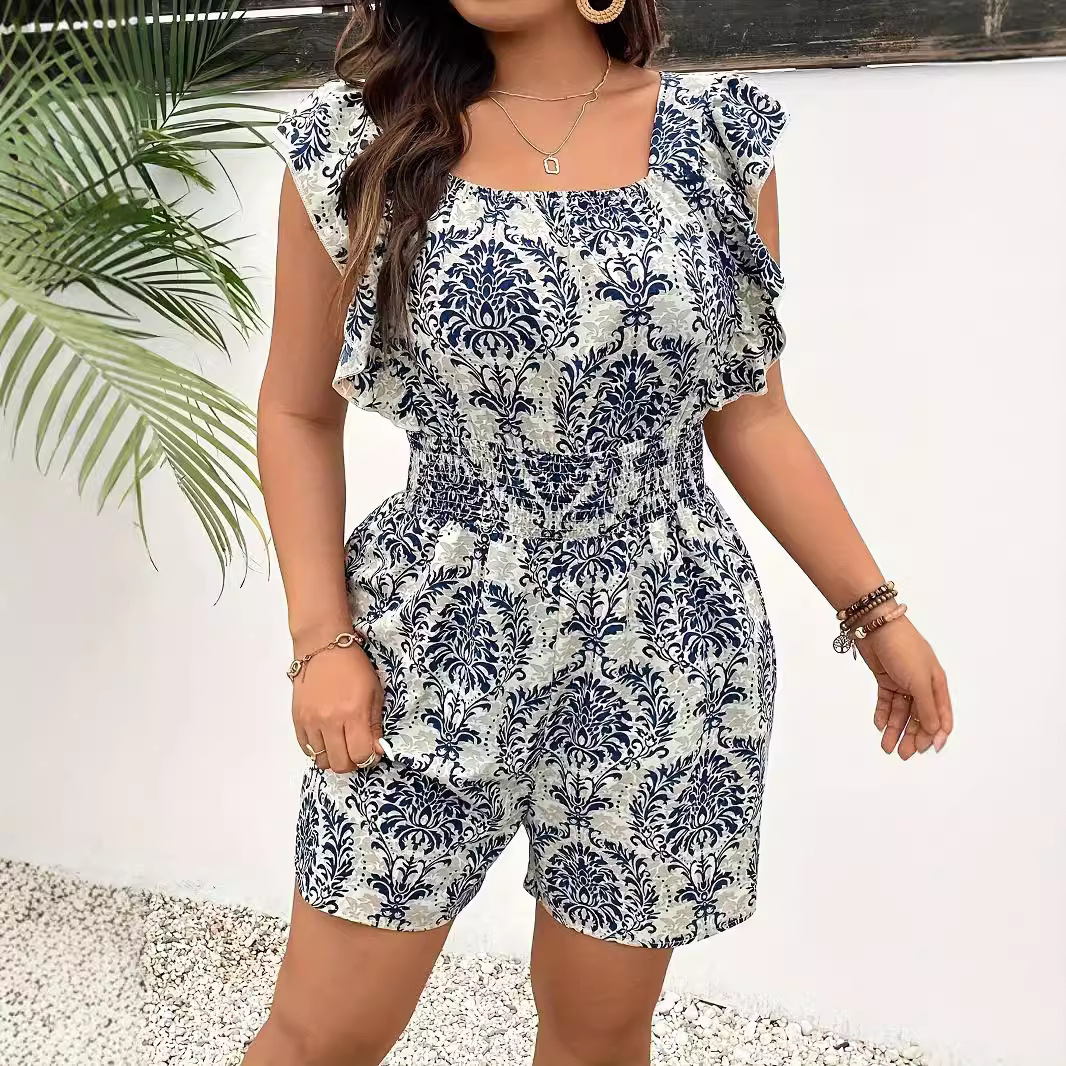 Plus Size Printed Sleeveless Smocking Fitted Waist Backless Vacation Style Jumpsuit - Image 4