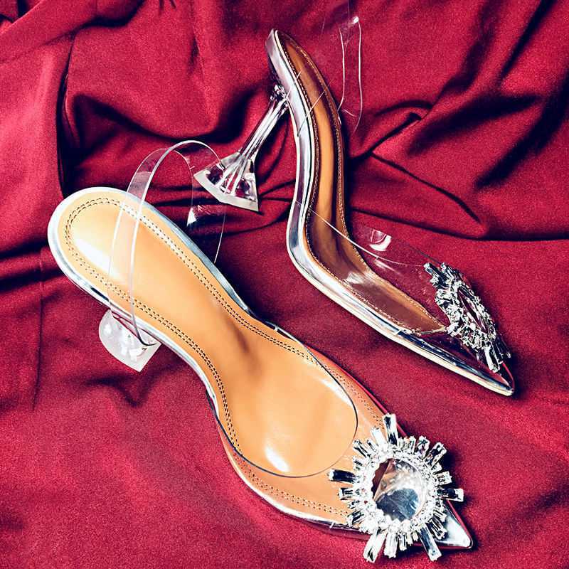 Women Pumps Elegant Pointed Toe Rhinestones High Heels Wedding Shoes Crystal Clear Heeled Slingback Pumps Sandals Sexy Heels - Image 2