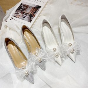 New Wedding Pearl Lace Bowknot Shallow Mouth Pointed Wedding Shoes High-heeled Shoes