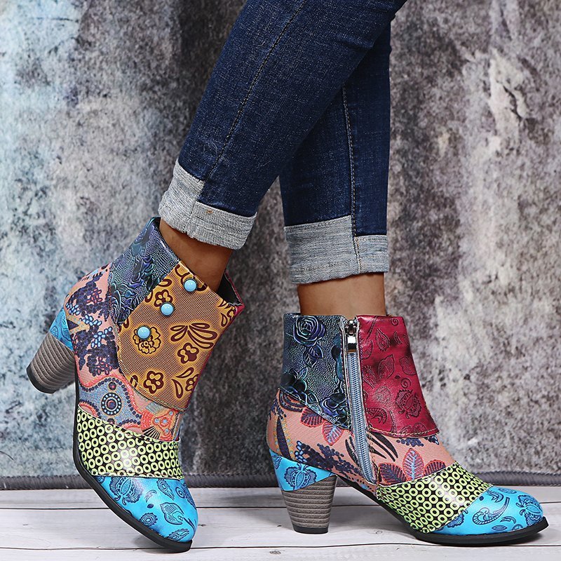 Print Ankle Boots Chunky Mid Heel Boots Women Side Zipper Shoes - Image 9