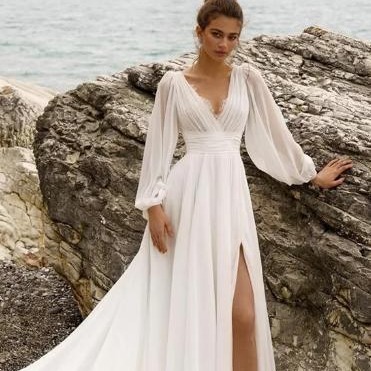 European And American High Waist Plus Size Deep V Long Sleeve Mopping Backless Wedding Dress High Slit - Image 3