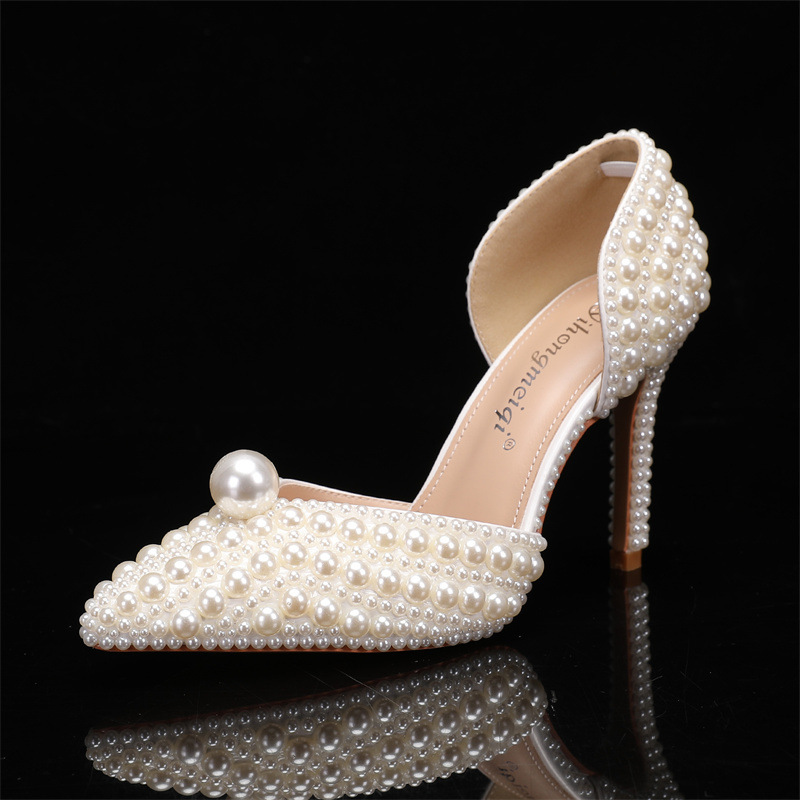 Women's Low-cut Pointed-toe Stilettos Pearl Wedding Shoes - Image 4