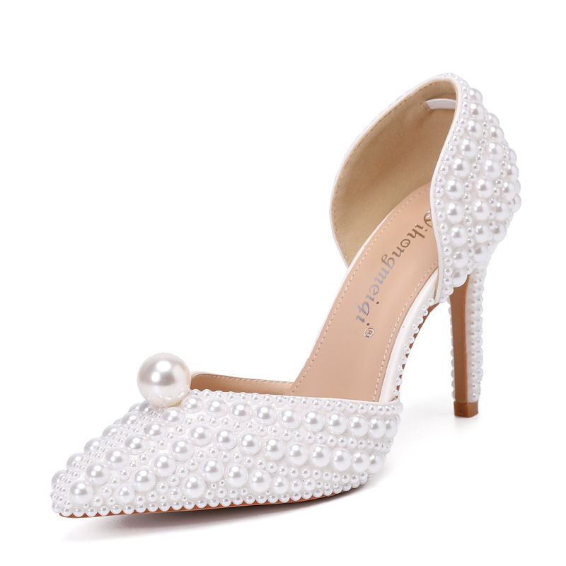 Women's Low-cut Pointed-toe Stilettos Pearl Wedding Shoes - Image 3