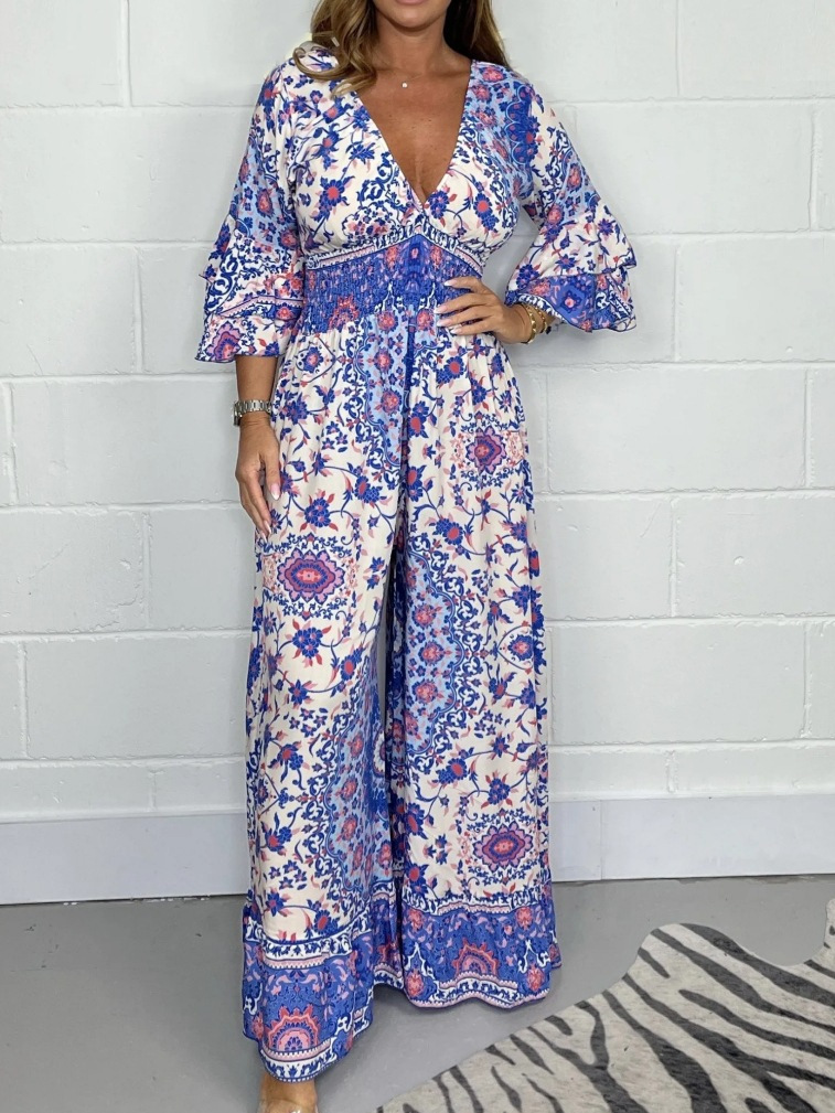 V-neck Printed Jumpsuit Plus Size Casual Jumpsuit - Image 3