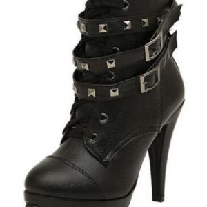 Women Black Ankle Boots Motorcycle Thin High Heel Double Buckle