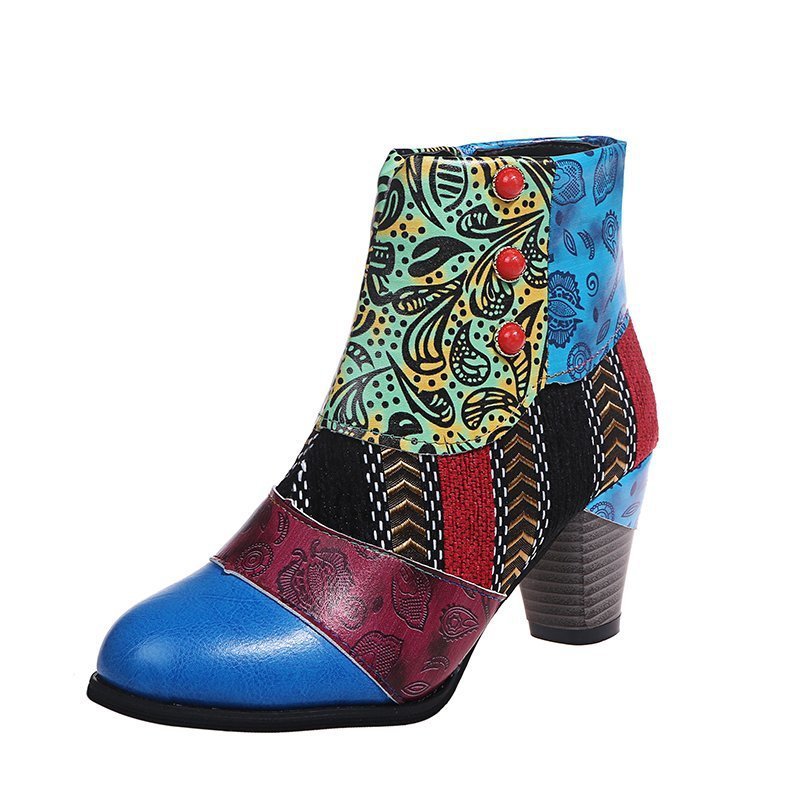 Print Ankle Boots Chunky Mid Heel Boots Women Side Zipper Shoes - Image 5