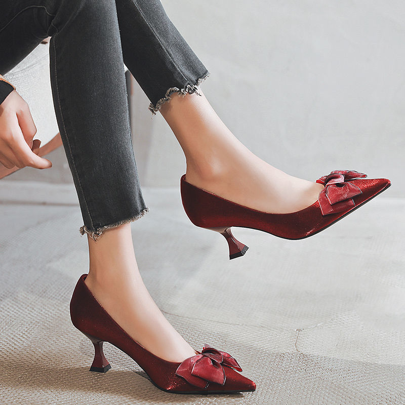 Fashion Bow Pointed Single Shoes Red Wedding Shoes - Image 6