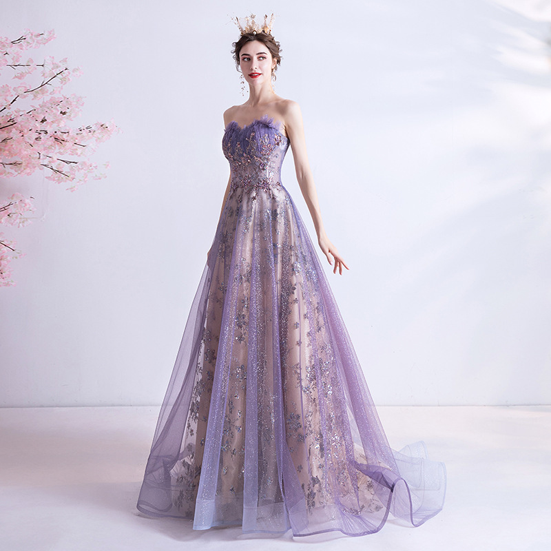 Strapless Purple Sequin Starry Dress Wedding Dress - Image 2