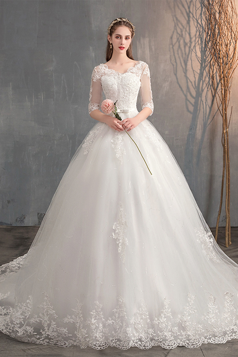 Wedding Dress Trailing Deep V Neck Lace High Waist Wedding Dress Long Sleeves - Image 4