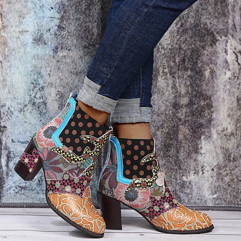 Print Ankle Boots Chunky Mid Heel Boots Women Side Zipper Shoes - Image 2