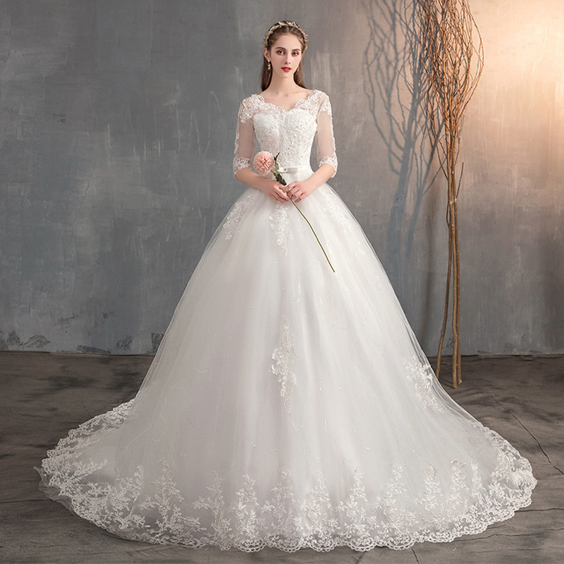 Wedding Dress Trailing Deep V Neck Lace High Waist Wedding Dress Long Sleeves - Image 3