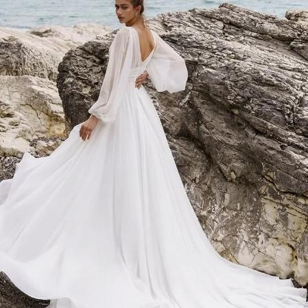 European And American High Waist Plus Size Deep V Long Sleeve Mopping Backless Wedding Dress High Slit - Image 4