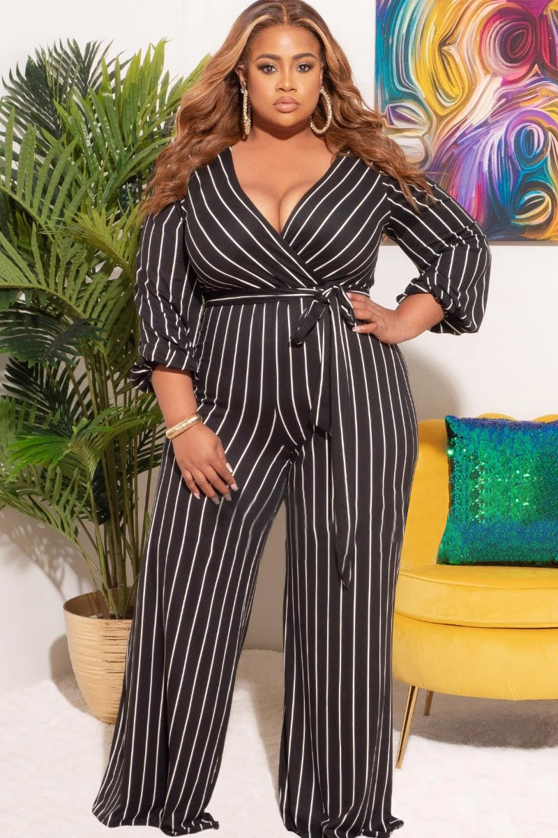 Women's Placement Print Striped Plus Size V-Neck Jumpsuit - Image 2