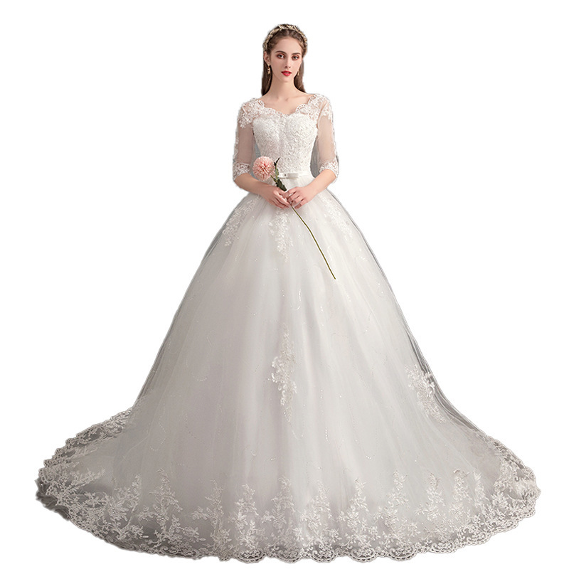 Wedding Dress Trailing Deep V Neck Lace High Waist Wedding Dress Long Sleeves - Image 2