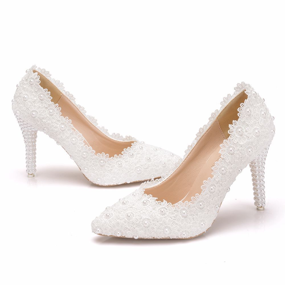 Pearl Lace Large Size Wedding Shoes Stiletto Single Shoes Women - Image 5