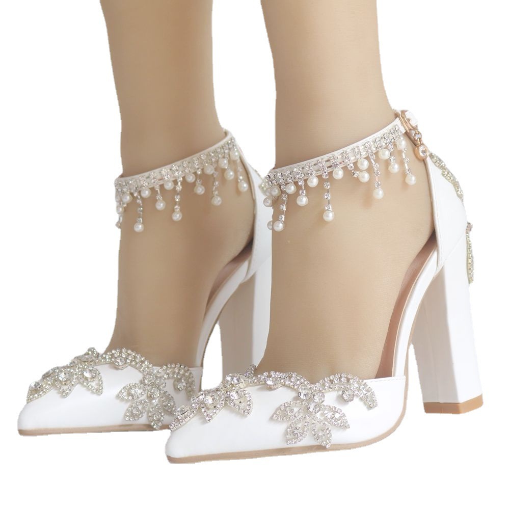 White Pointed Crystal Wedding Shoes Chunky Heel - Image 10