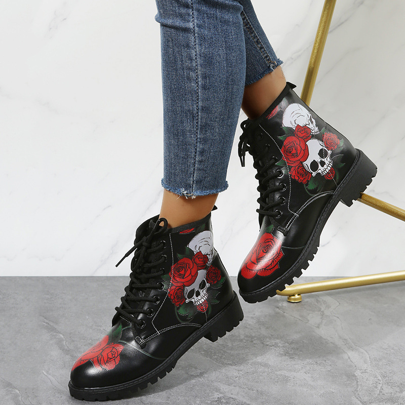 Halloween Shoes Rose Flower Print Lace-up Ankle Boots Women - Image 7