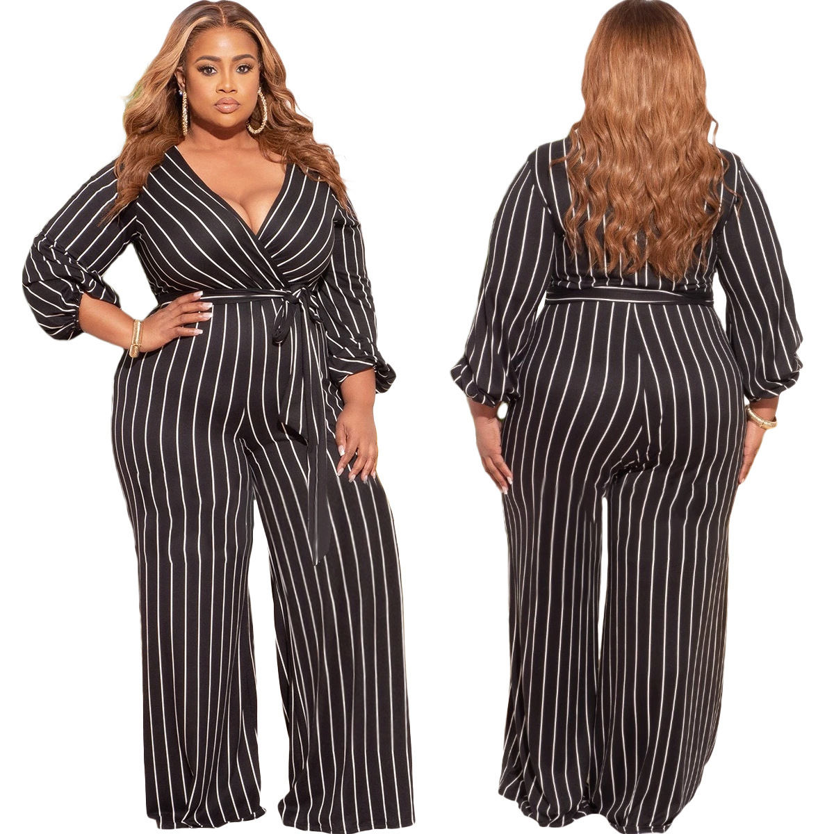 Women's Placement Print Striped Plus Size V-Neck Jumpsuit - Image 3