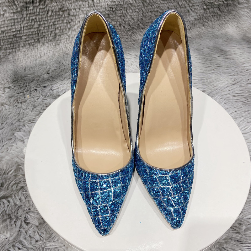 Blue Sequined High Heel Wedding Shoes Everyday - Image 4