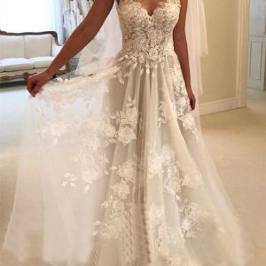 Double-shoulder Deep V-neck Slim-fit Lace Wrapped Shoulder Tail Wedding Dress