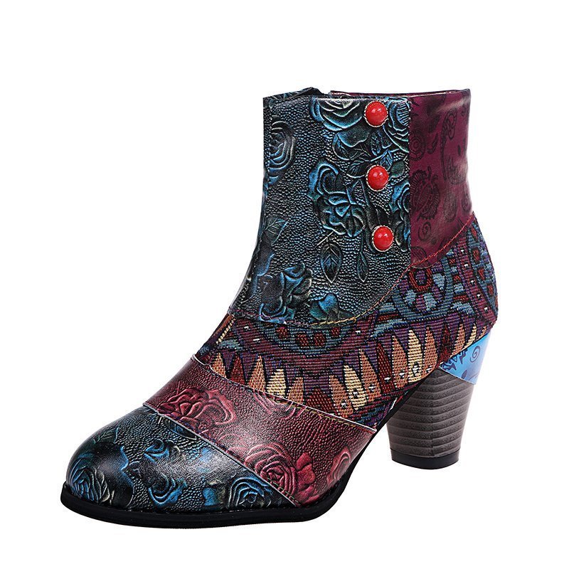 Print Ankle Boots Chunky Mid Heel Boots Women Side Zipper Shoes - Image 6