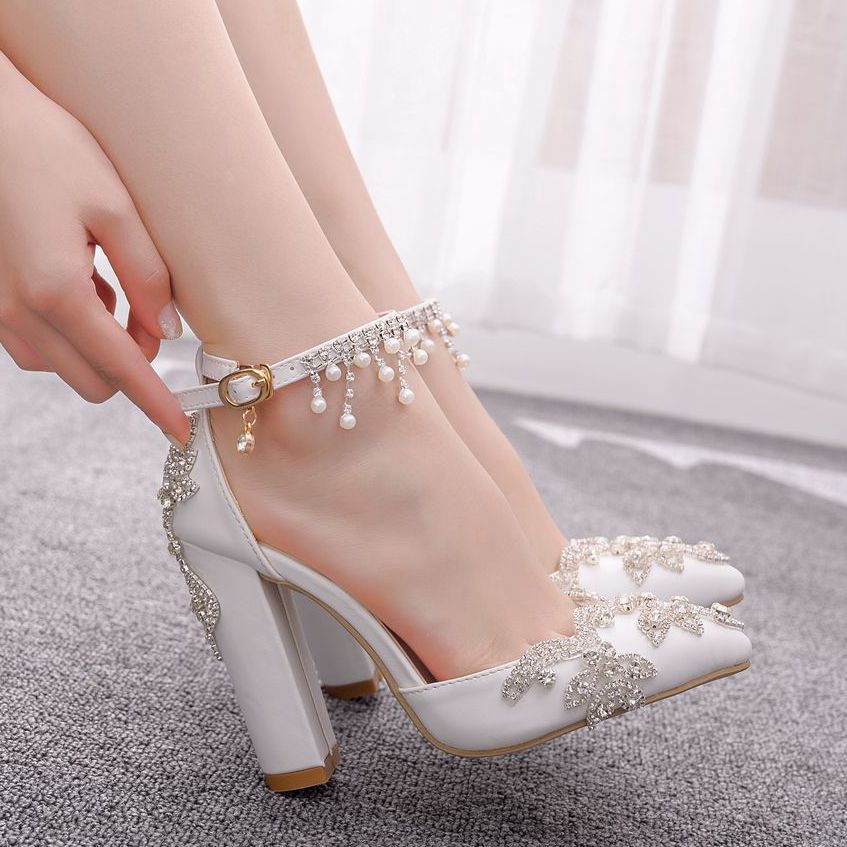 White Pointed Crystal Wedding Shoes Chunky Heel - Image 7
