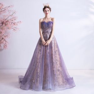 Strapless Purple Sequin Starry Dress Wedding Dress