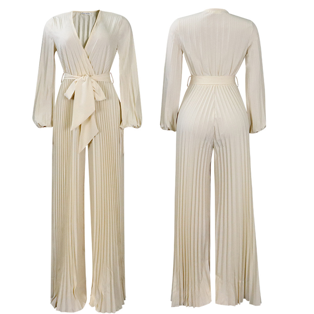 V-neck Lace Up Pleated Wide-leg Plus Size Jumpsuit - Image 8
