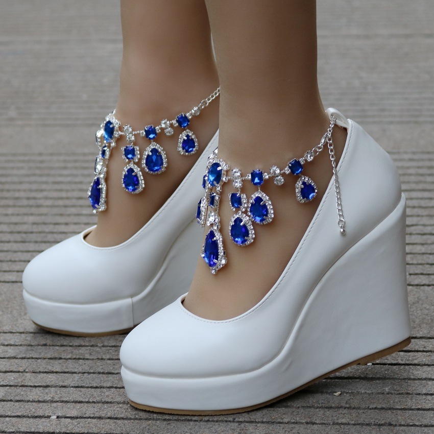 Wedge Rhinestone Chain Wedding Round Toe Waterproof Platform Wedge Shoes - Image 8