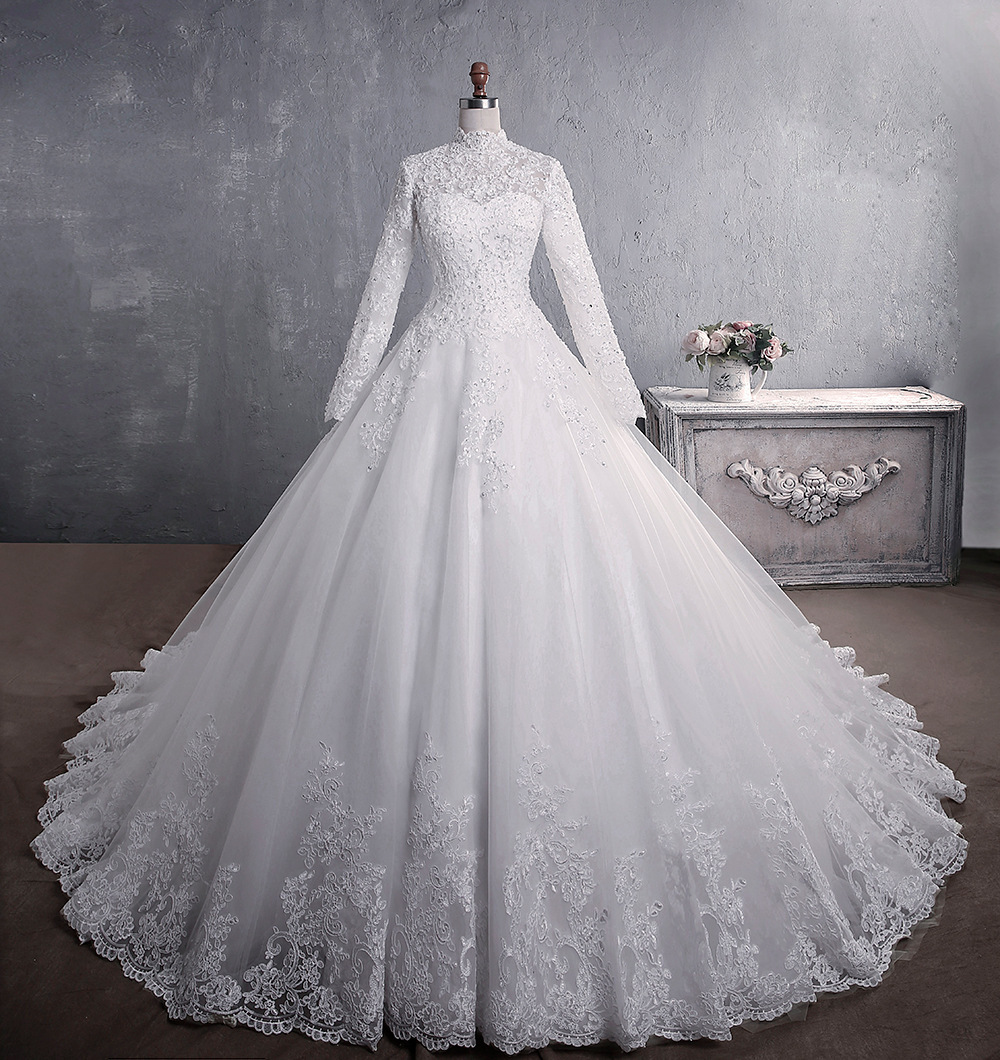 Lace Wedding Dress Bridal Stand-up Collar Long-sleeved Large Tail Large Size - Image 5