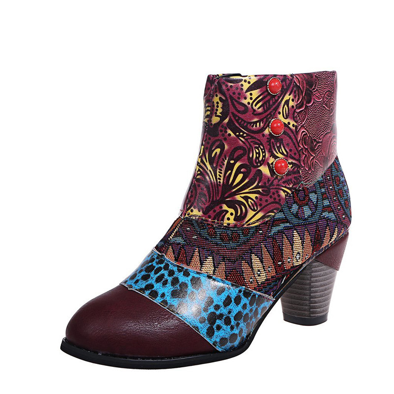 Print Ankle Boots Chunky Mid Heel Boots Women Side Zipper Shoes - Image 10