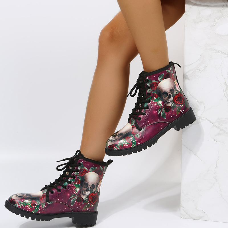 Halloween Shoes Rose Flower Print Lace-up Ankle Boots Women - Image 8