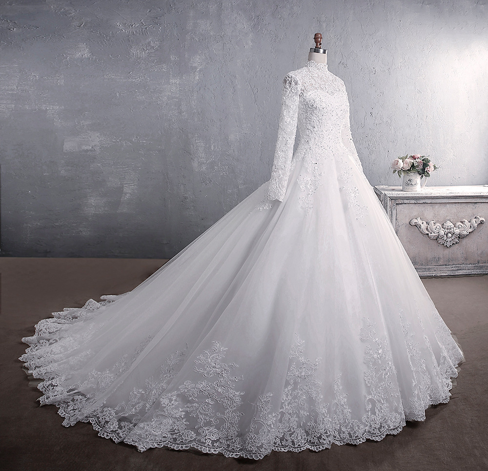 Lace Wedding Dress Bridal Stand-up Collar Long-sleeved Large Tail Large Size - Image 3