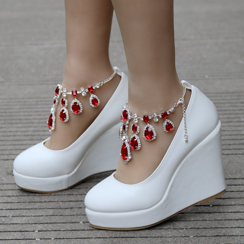Wedge Rhinestone Chain Wedding Round Toe Waterproof Platform Wedge Shoes - Image 5