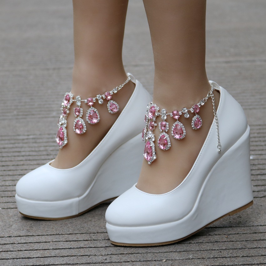 Wedge Rhinestone Chain Wedding Round Toe Waterproof Platform Wedge Shoes - Image 6
