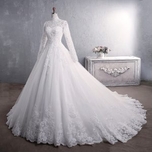 Lace Wedding Dress Bridal Stand-up Collar Long-sleeved Large Tail Large Size
