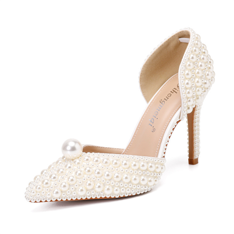 Women's Low-cut Pointed-toe Stilettos Pearl Wedding Shoes - Image 2