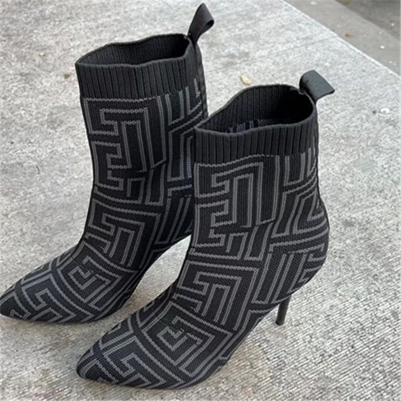 Fashion Ankle Boots Women Thigh High Heel Boots Pointed Toe Print Shoes - Image 3