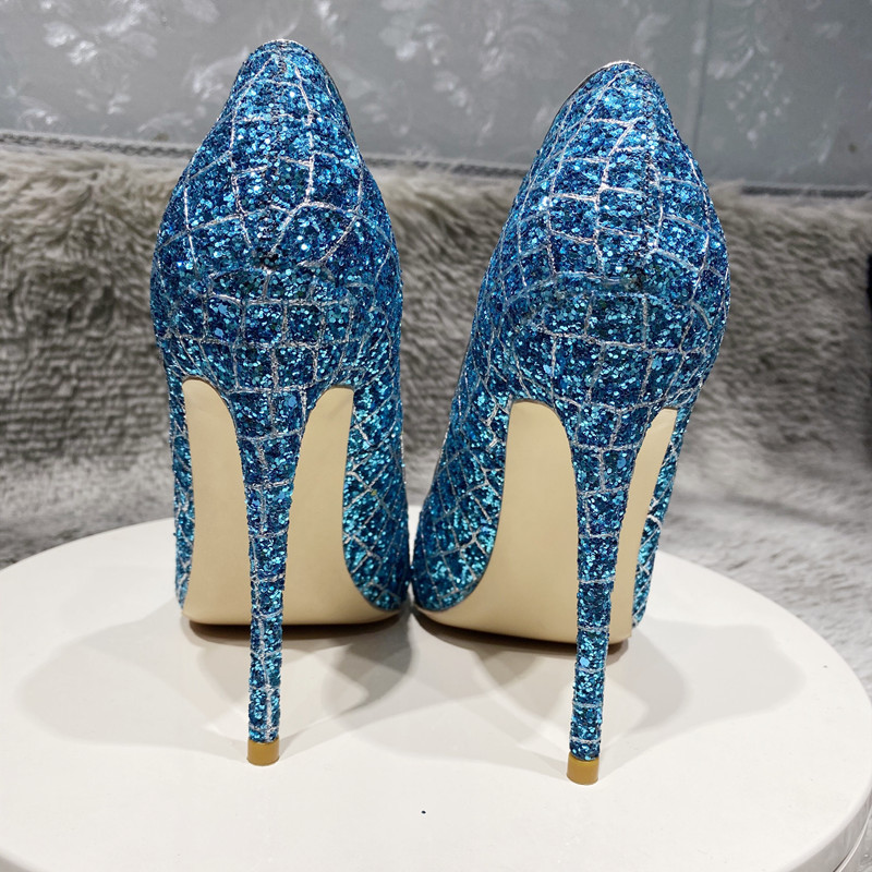 Blue Sequined High Heel Wedding Shoes Everyday - Image 3