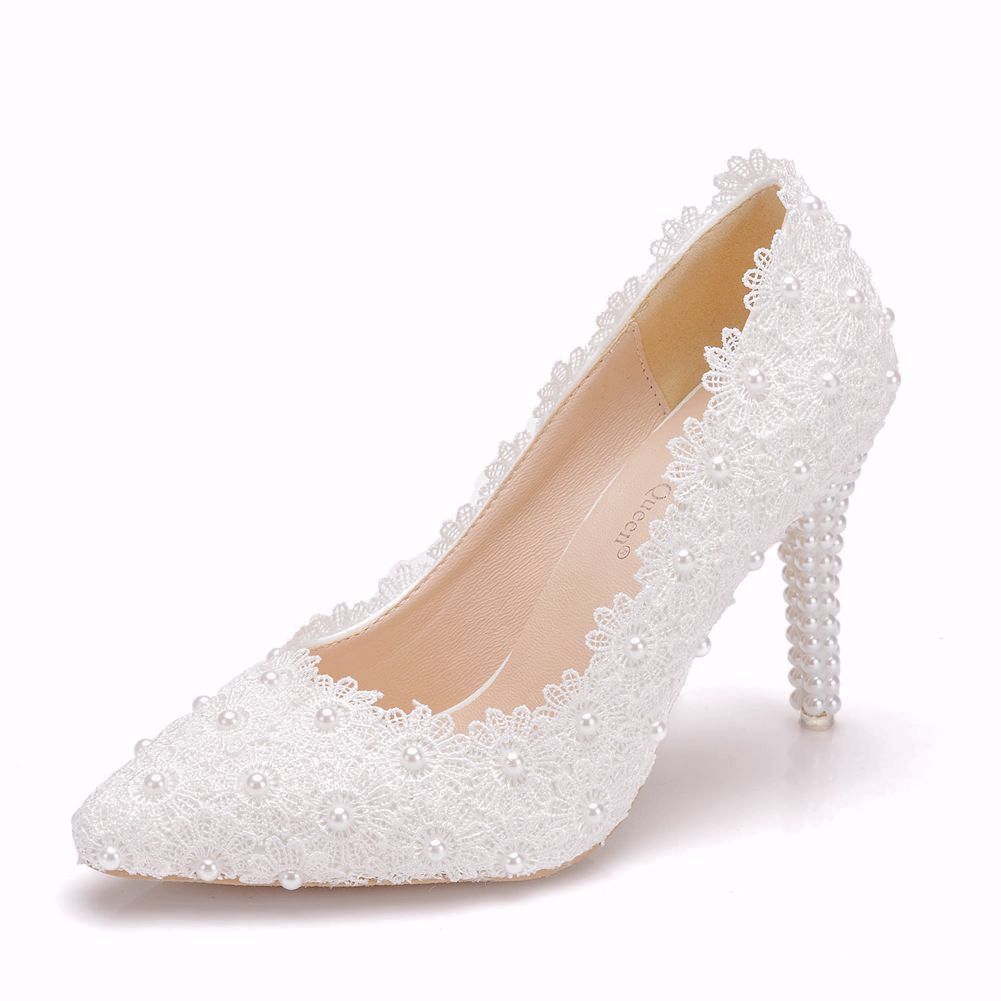 Pearl Lace Large Size Wedding Shoes Stiletto Single Shoes Women - Image 3
