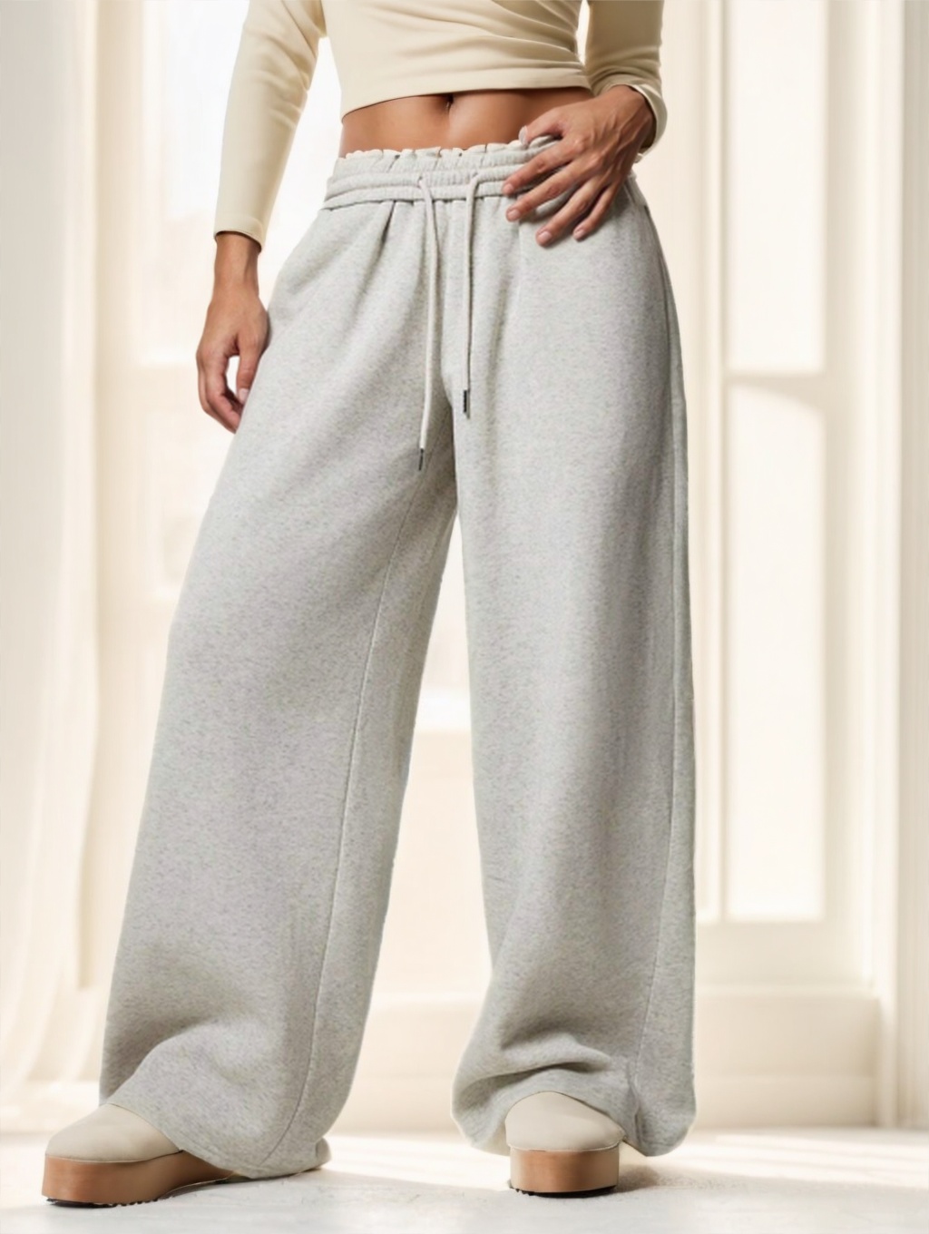 Forever 21 Autumn Winter New Thermal Lined Thick Casual Versatile High Waist Elastic Waist Loose Wide Leg Sweatpants