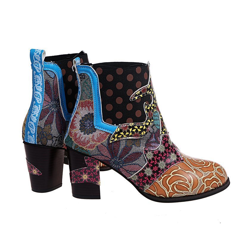Print Ankle Boots Chunky Mid Heel Boots Women Side Zipper Shoes - Image 3