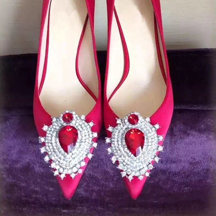 Rhinestone Pointed Toe High Heels Wedding Red Silk And Satin Shallow Mouth Women's Shoes - Image 2