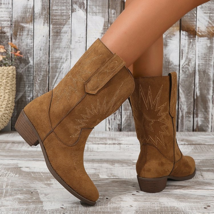 Pointed Toe Western Denim Ankle Boots Suede Chunky Heel Brown For Women - Image 5
